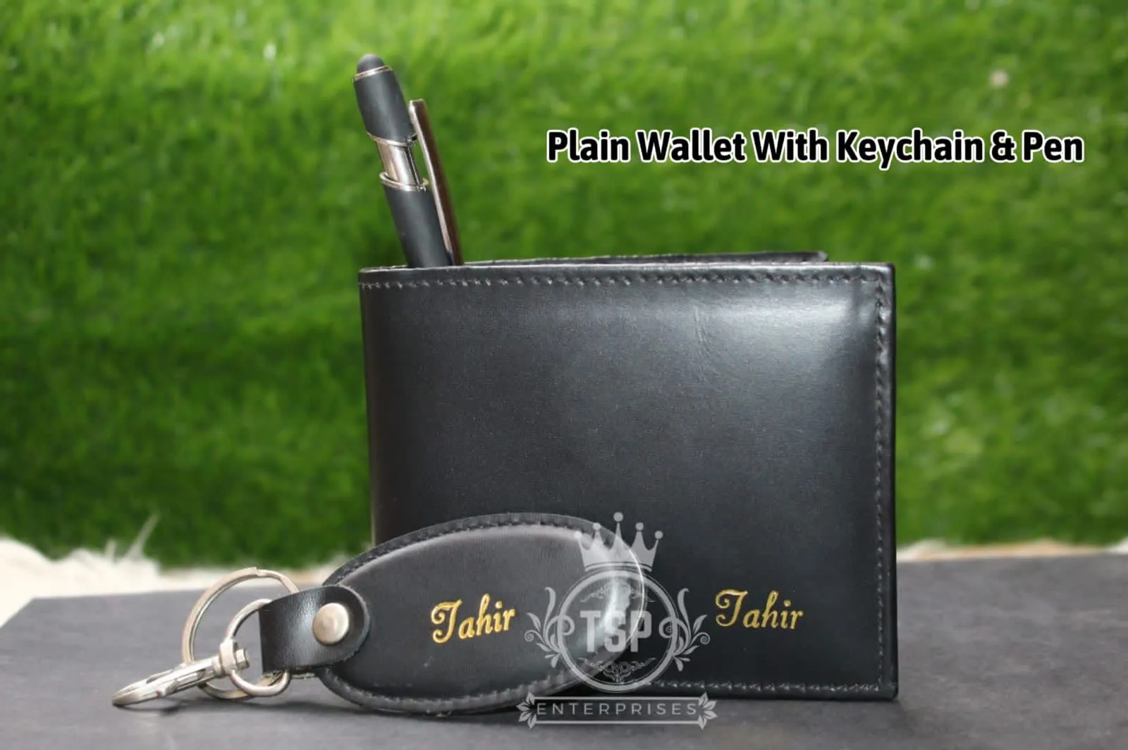 Brown Leather Portrait Wallet + Engraved Keychain